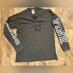 PINK Victoria's Secret Long Sleeve Lace-Up Gray Tee Size Sml